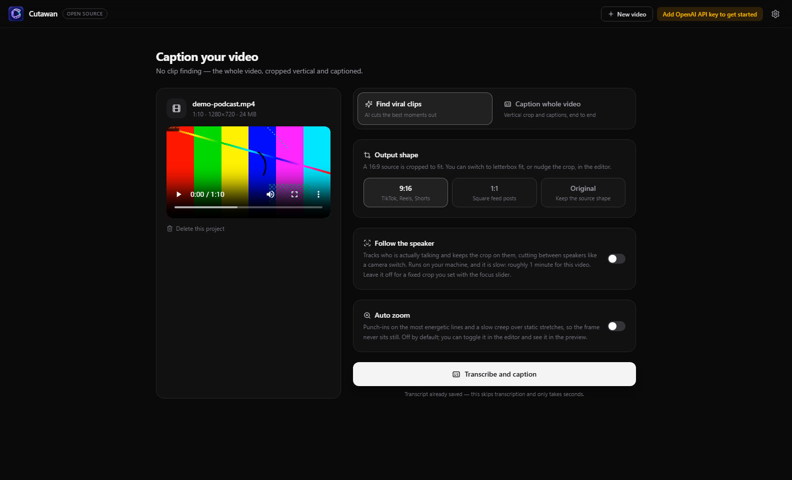 Actual Cutawan setup for captioning an entire video with aspect ratio, speaker tracking and auto zoom options