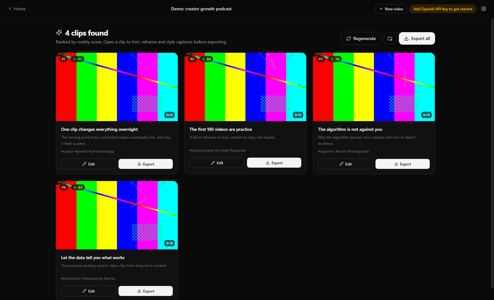 Actual Cutawan results screen showing suggested clips, their scores and editing options