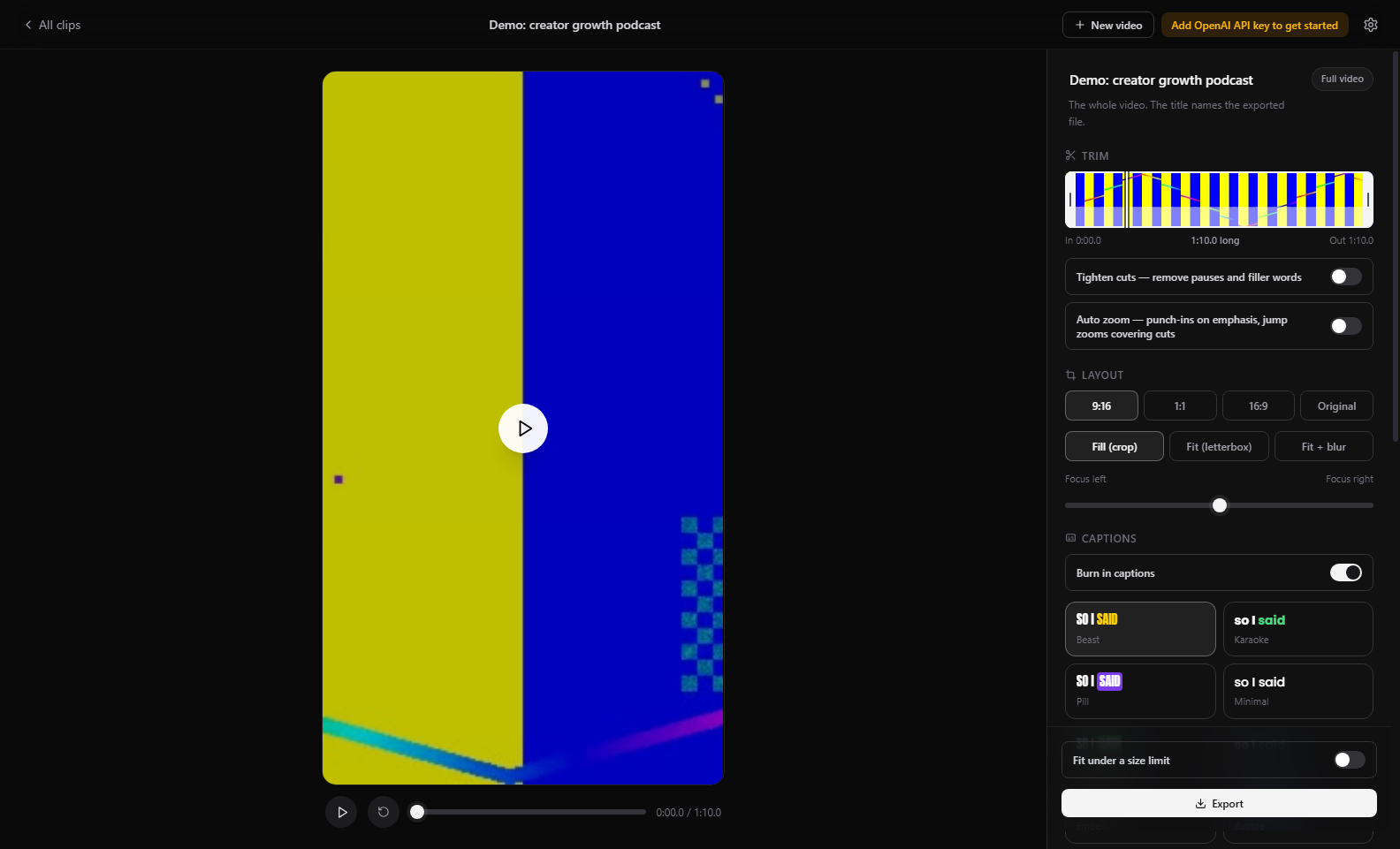 Cutawan caption editor showing a vertical video preview and caption styling controls