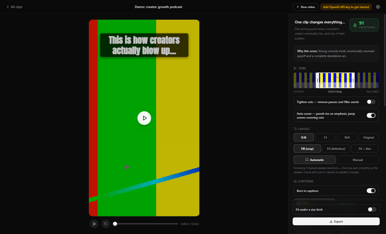 Actual Cutawan editor showing a vertical preview, trim timeline, caption styles, aspect ratios and export controls